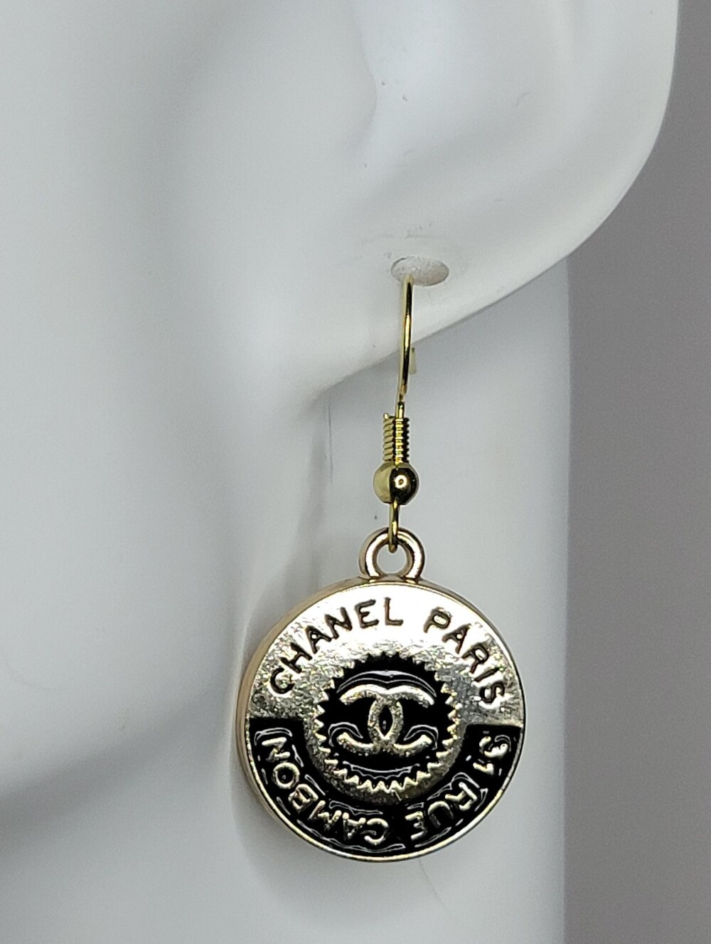 Gold and Black CC Medallion Hook Earrings